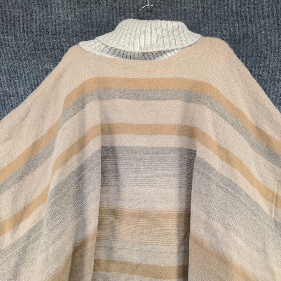 Vince Camuto Women's Turtleneck Poncho Sweater Tan One Size Striped Fringe - Picture 6 of 11